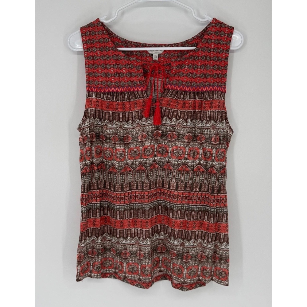 Lucky Brand Womens Orange Brown Boho Split Neck Tassel Beaded Tank Top Medium